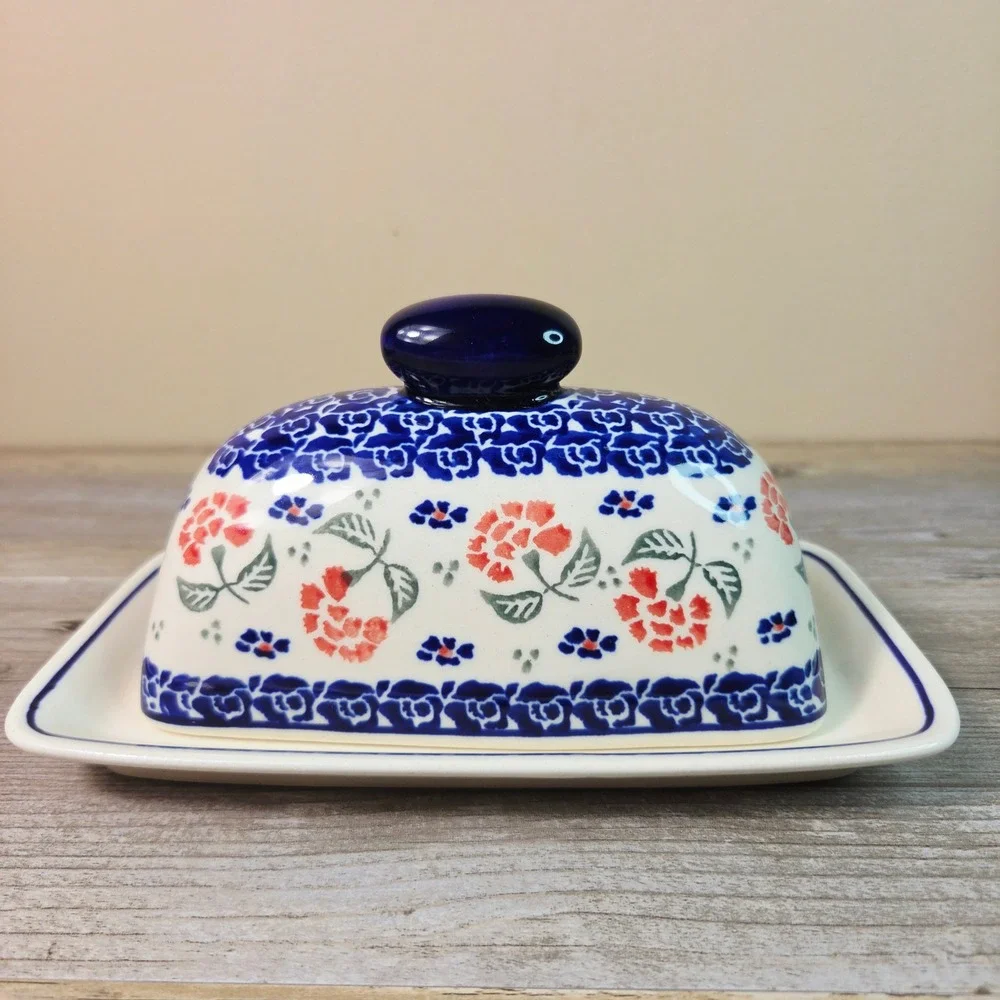 Boleslawiec Polish Pottery Butter Dish Covered Tray Floral Blue Red Hand Made 95